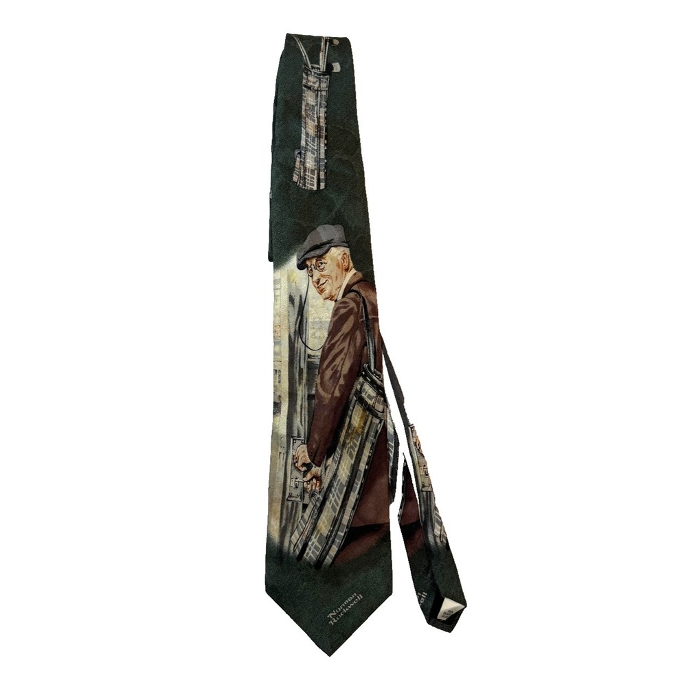Vintage 90s Norman Rockwell Tie Mens‎ Green Golf Caddie Neck Silk